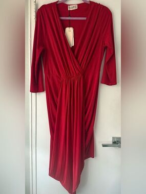 NWT CLUB L LONDON Jersey Overlay Stretch Sateen High Low Dress Red Sz 12 $225